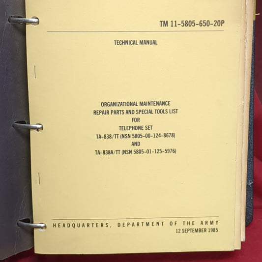 BOOK:  TECHNICAL MANUAL: ORGANIZATIONAL MAINTENANCE REPAIR PARTS AND SPECIAL TOOS LIST FOR TELEPHONE SET 12 SEPTEMBER 1985   (box13)