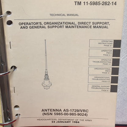 BOOK: TECHNICAL MANUAL: OPERATOR'S, ORGANIZATIONAL, DIRECT SUPPORT, AND GENERAL SUPPORT MAINTENANCE MANUAL ANTENNA AS-1729/VRD 23 JANUARY 1984 (box13)