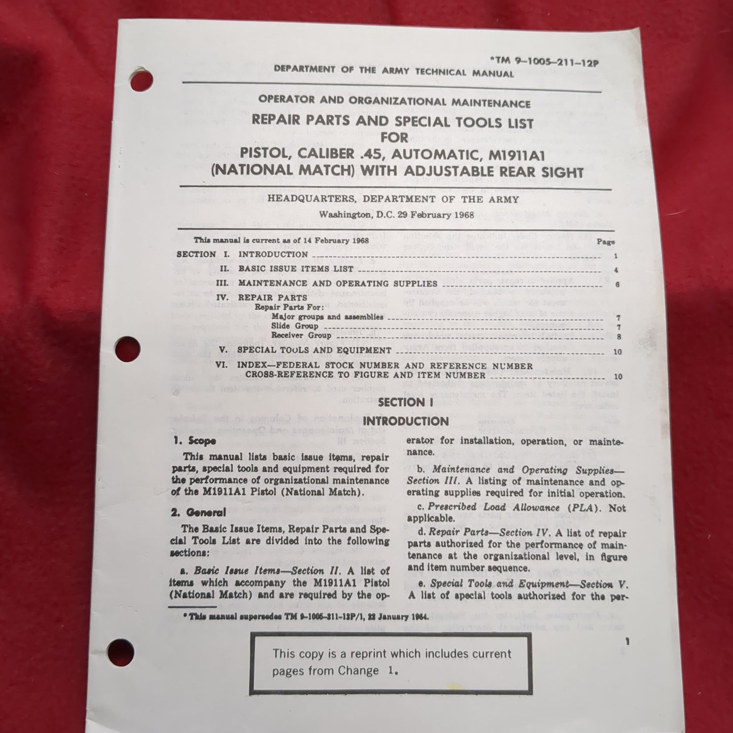 BOOK:  OPERATOR AND ORGANIZATIONAL MAINTENANCE REPAIR PARTS AND SPECIAL TOOLS LIST FOR PISTOL, CALIBER .45 AUTOMATIC, M1911A1   29 FEBRUARY 1968 (box16)
