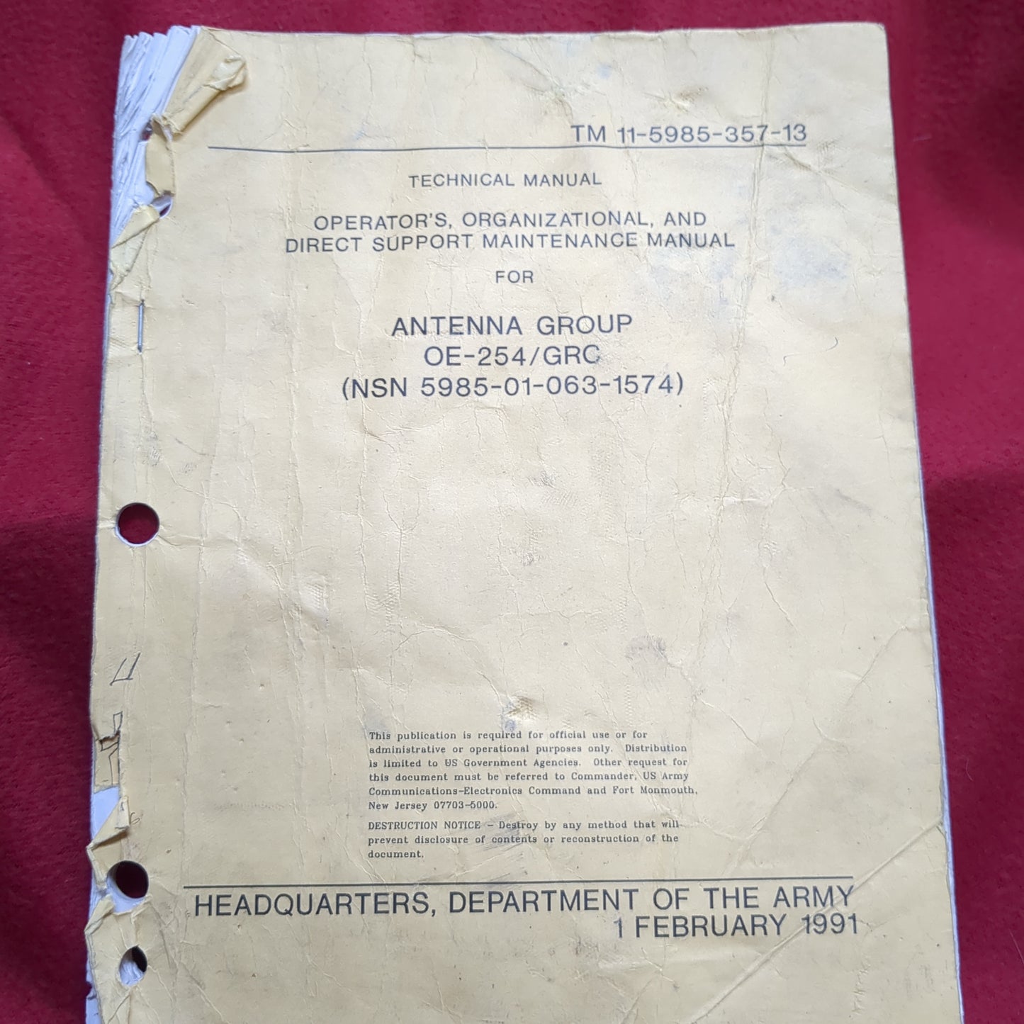 BOOK: TECHNICAL AND OPERATOR'S OPGANIZATIONAL, AND DIRECT SUPPORT MAINTENANCE MANUAL FOR ANTENNA GROUP 1 FEBRUARY 1991(box16)