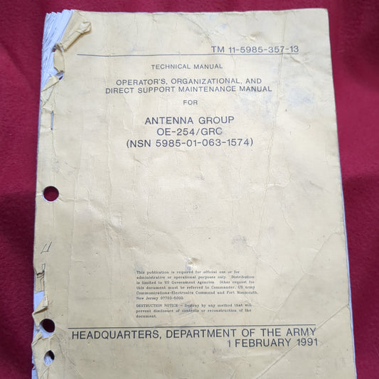 BOOK: TECHNICAL AND OPERATOR'S OPGANIZATIONAL, AND DIRECT SUPPORT MAINTENANCE MANUAL FOR ANTENNA GROUP 1 FEBRUARY 1991(box16)