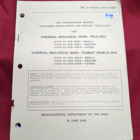 BOOK:  UNIT MAINTENANCE MANUAL INCLUDING REPAIR PARTS AND SPECIAL TOOLS LIST FOR CHEMICAL BIOLOGICAL MAKE: FIELD (M40) AND CHEMICAL BIOLOGICAL MASK COMBAT VEHICLE )M42) 15 JUNE 1988 BOX 16)