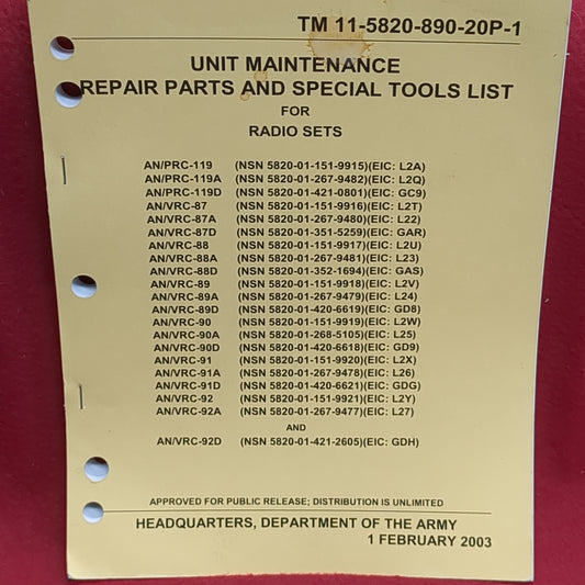 BOOK:  UNIT MAINTENANCE REPAIR PARTS AND SPECIAL TOOLS LIST FOR RADIO SETS 1 FEBRUARY 2003 (box17)
