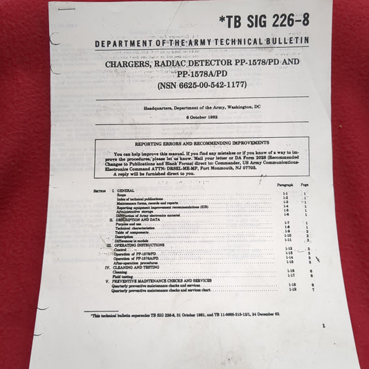 BOOK: TECHNICAL BULLETIN: CHARGERS, RADIAC DETECTOR PP-1578/PD AND PP-1578A/PD (NSN 6625-00-542-1177)   (box17)