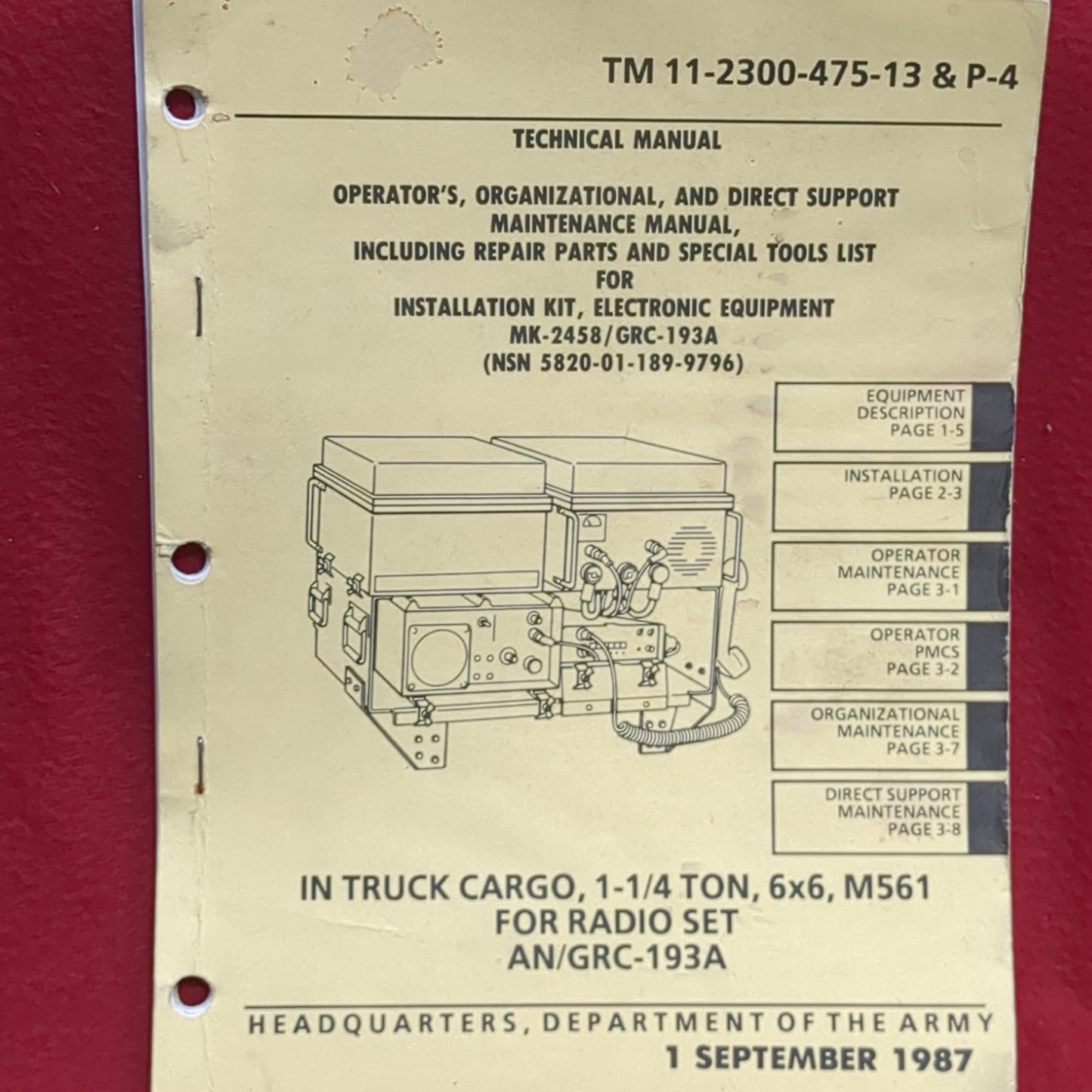 BOOK:  OPERATOR'S ORGANIZATIONAL, AND DIRECT SUPPORT MAINTENANCE MANUAL (ALSO REPAIR PARTS AND TOOLS LIST)1 SEPTEMBER 1987 (box17)
