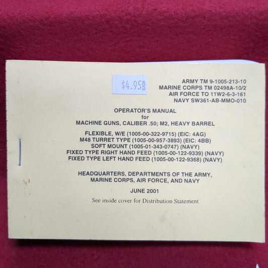 BOOK:  OPERATOR'S MANUAL FOR MACHINE GUNS, CALIBER .50; M2, HEAVY BARREL FLEXIBLE W/E; M48 TURRET TYPE ; SOFT MOUNT; FIXED TYPE RIGHT HAND FEED; FIXED TYPE LEFT HAND FEED JUNE 2001 (BOX18)