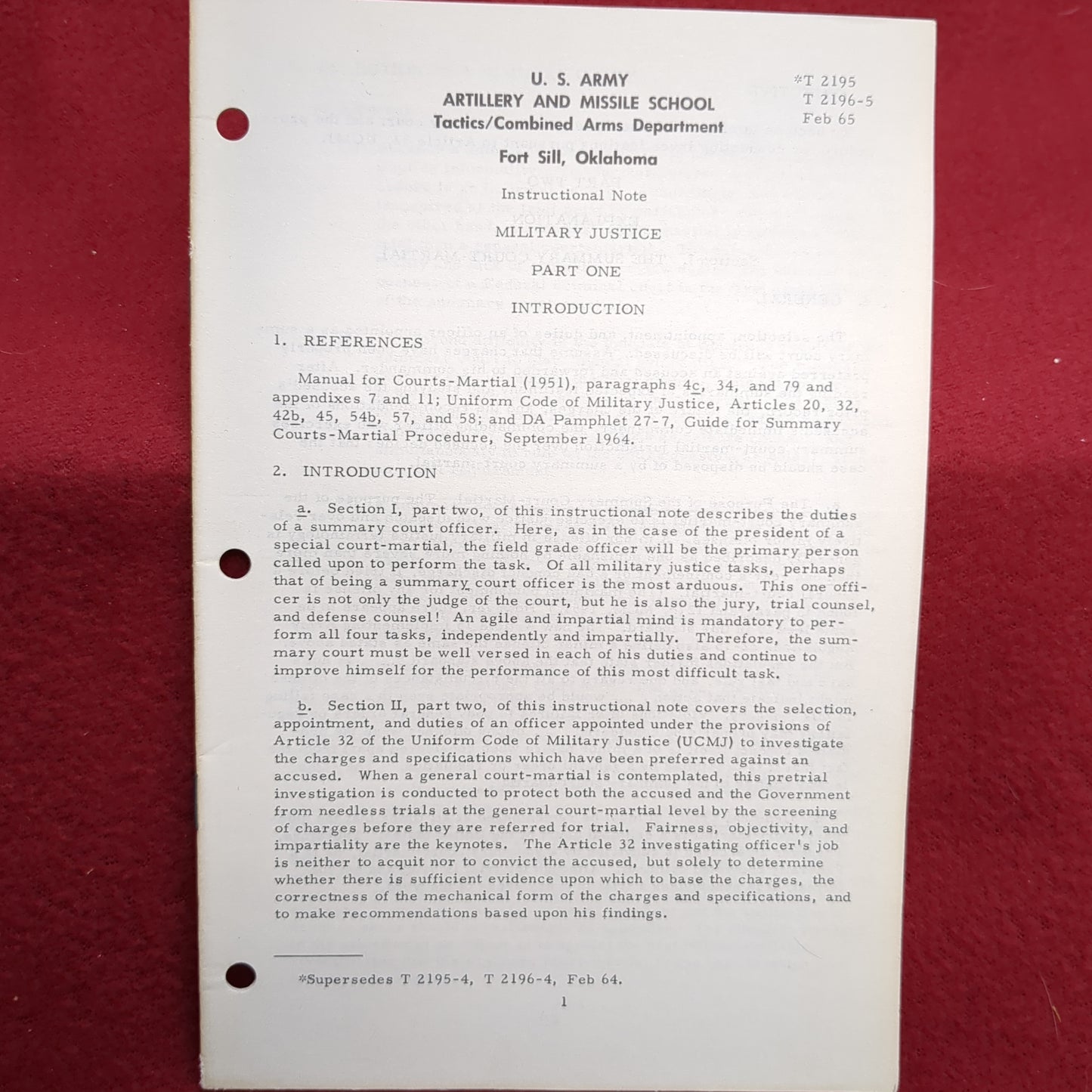 BOOK:  FEBRUARY 1965 ARTILLERY & MISSILE SCHOOL TACTICS/COMBINED ARMS INSTRUCTIONAL (BOX18)