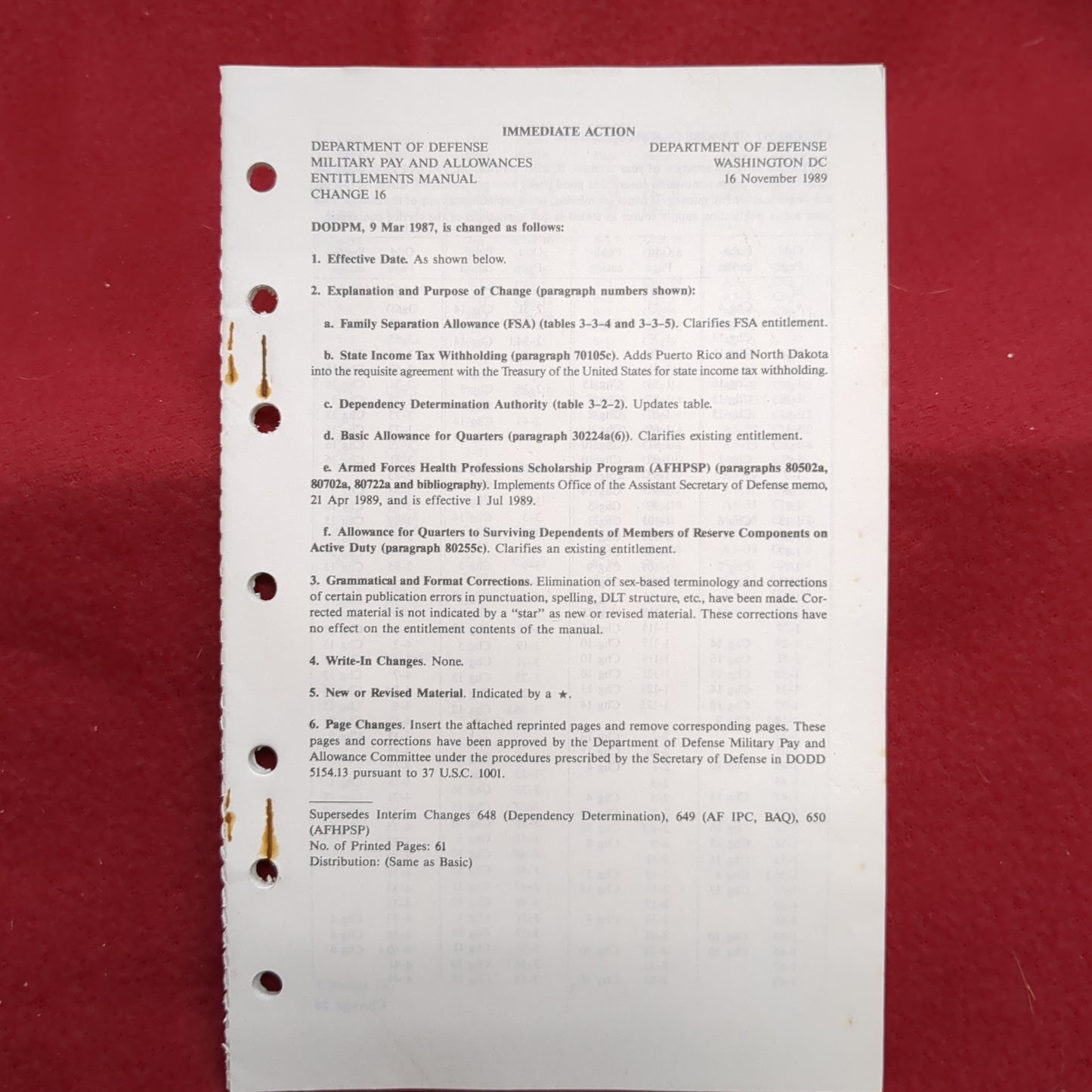BOOK: 16 Nov 1989 MILITARY PAY AND ALLOWANCES MANUAL CHANGE 16 (BOX18)