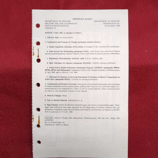 BOOK: 16 Nov 1989 MILITARY PAY AND ALLOWANCES MANUAL CHANGE 16 (BOX18)