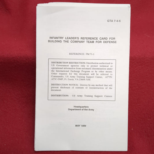 BOOK:  FIGHTING POSITION CONSTRUCTION INFANTRY LEADER'S REFERENCE CARD MAY 1994 (box10)