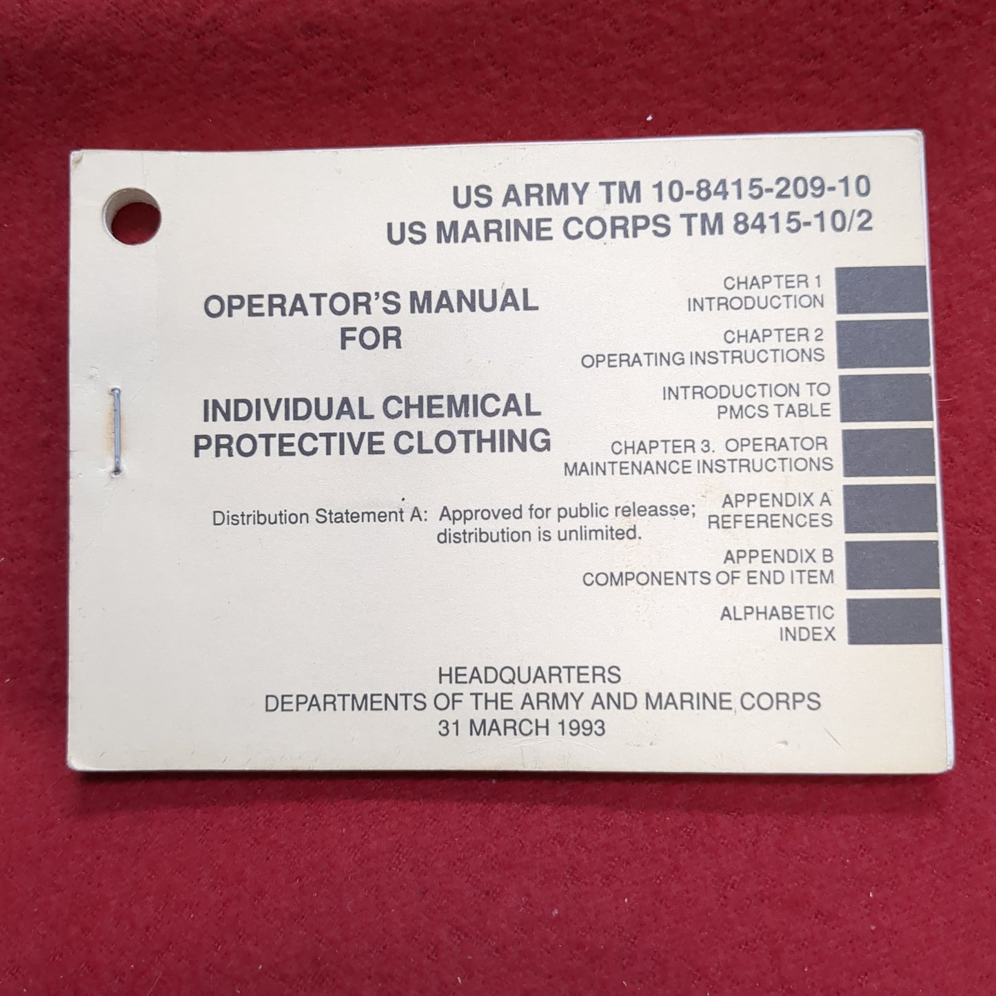 BOOK:OPERATOR'S MANUAL FOR INDIVIDUAL CHEMICAL PROTECTIVE CLOTHING 31 MARCH 1993  (BOX18)