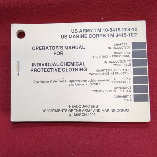 BOOK:OPERATOR'S MANUAL FOR INDIVIDUAL CHEMICAL PROTECTIVE CLOTHING 31 MARCH 1993  (BOX18)