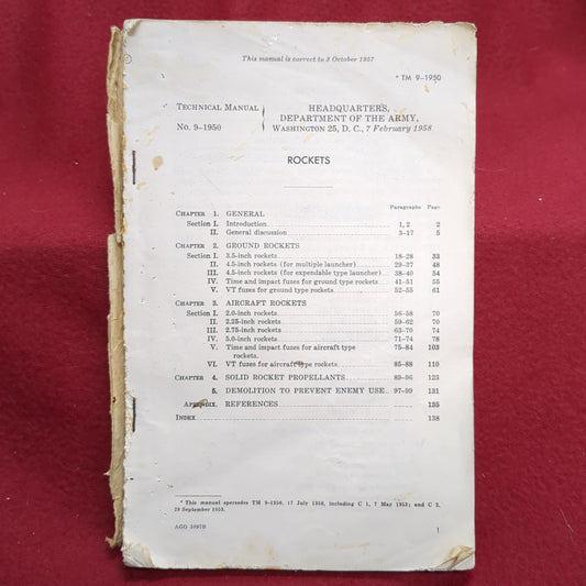 BOOK: TECHNICAL MANUAL: ROCKETS: THIS MANUAL SUPERSEDS TM 9-1950, INCLUDING C 1, A 7 MAY 1953; AND C 2 29 SEPTEMBER 1953 (box18)
