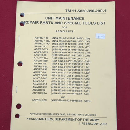 BOOK: MAINTENANCE PARTS AND SPECIAL TOOLS RADIO 1 FEBRUARY 2003 (BOX20)