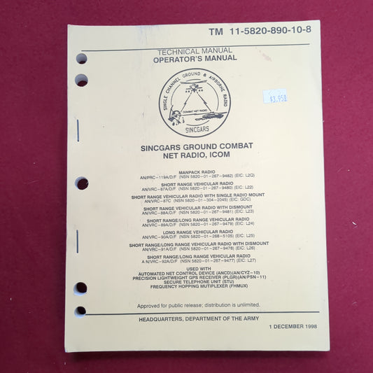 BOOK: SINCGARS GROUND COMBAT NET RADIO, ICOM 1 DECEMBER 1998 (BOX20)