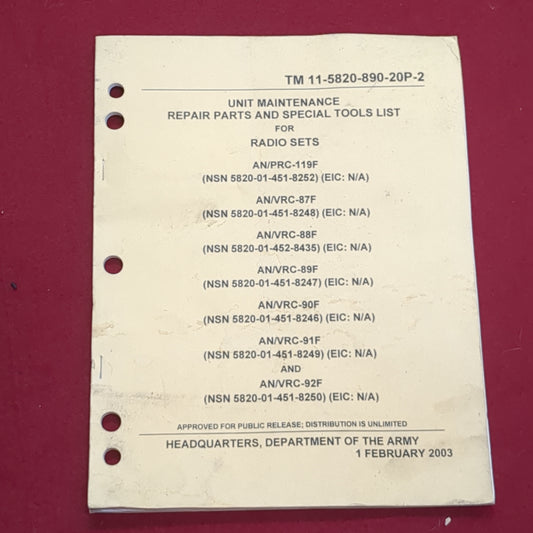 BOOK UNIT MAINTENANCE REPAIR PARTS AND SPECIAL TOOLS LIST FOR RADIO SETS 1 FEBRUARY 2003(BOX20)