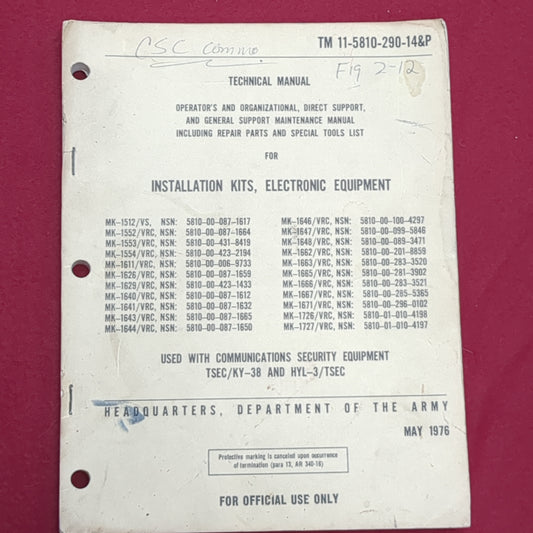 BOOK TECHNICAL MANUAL OPERATOR'S AND ORGANIZATIONAL, DIRECT SUPPORT, AND GENERAL SUPPORT MAINTENANCE MANUAL INCLUDING REPAIR PARTS AND SPECIAL TOOLS LIST FOR INSTALLATION KITS, ELECTRONIC EQUIPMENT MAY 1976 (BOX21)
