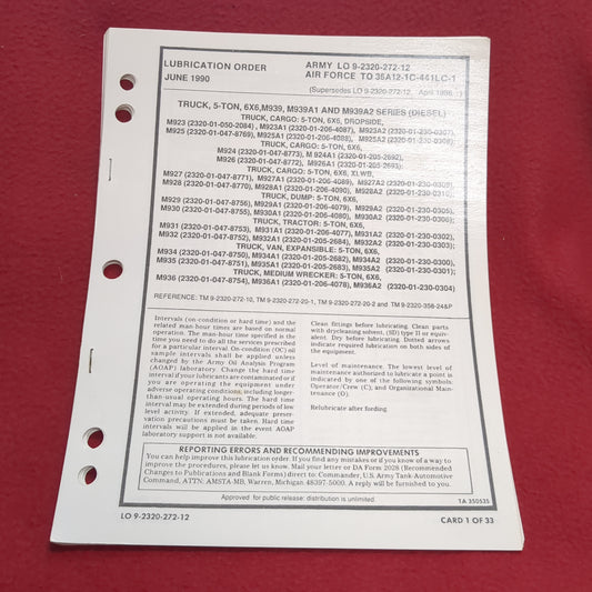 BOOK LUBRICATION ORDER TRUCK, 5-TON, CARGO: 5-TON, 6X6, DROPSIDE(BOX21)