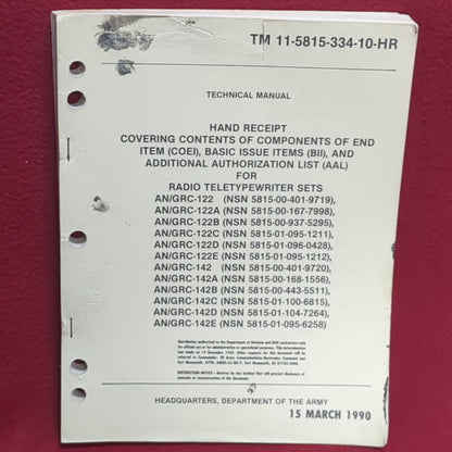 BOOK TECHNICAL MANUAL FOR HAND RECEIPT COVERING CONTENTS OF COMPONENTS OF END ITEM (COE!), BASIC ISSUE ITEMS (BII), AND ADDITIONAL AUTHORIZATION LIST (AAL) FOR RADIO TELETYPEWRITER SETS 15 MARCH 1990 (BOX21)
