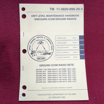 BOOK UNIT LEVEL MAINTENANCE HANDBOOK SINCGARS ICOM GROUND RADIOS 28 FEBRUARY 1995(BOX23)