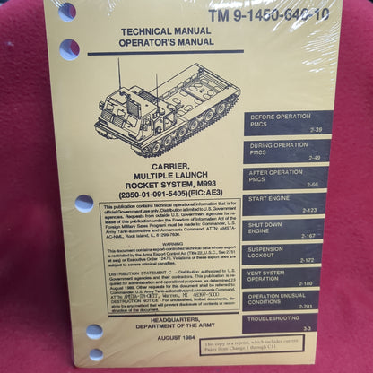 BOOK - TECHNICAL MANUAL OPERATOR'S MANUAL CARRIER, MULTIPLE LAUNCH ROCKET SYSTEM M993 (2350-01-091-5405) (EIC:AE3) AUGUST 1984 (BOX26)