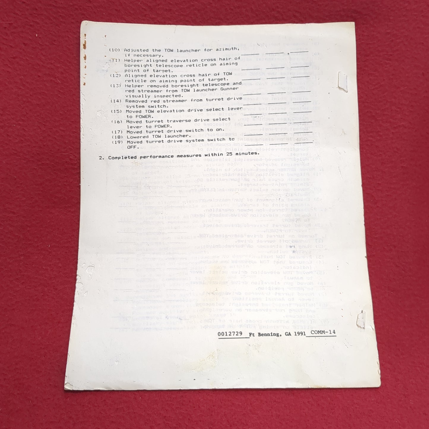 BOOK -  MASTER GUNNER COURSE: BGST: PERFORMANCE CHECKLIS: 1991  (BOX 28)