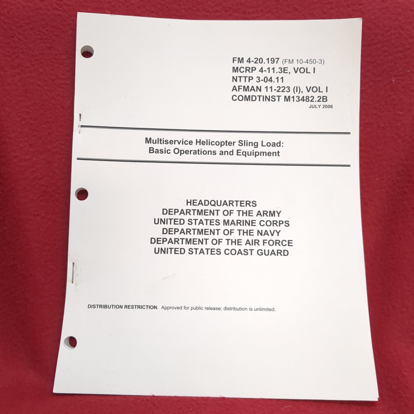BOOK -  HEADQUARTERS OF THE ARMY. MARINE CORPS, NAVY, AIR FORCE, AND COAST GUARD: MULTISERVICE HELICOPTER SLING LOAD: BASIC OPERATIONS AND EQUIPMENT FIELD MANUAL:    (BOX 29)