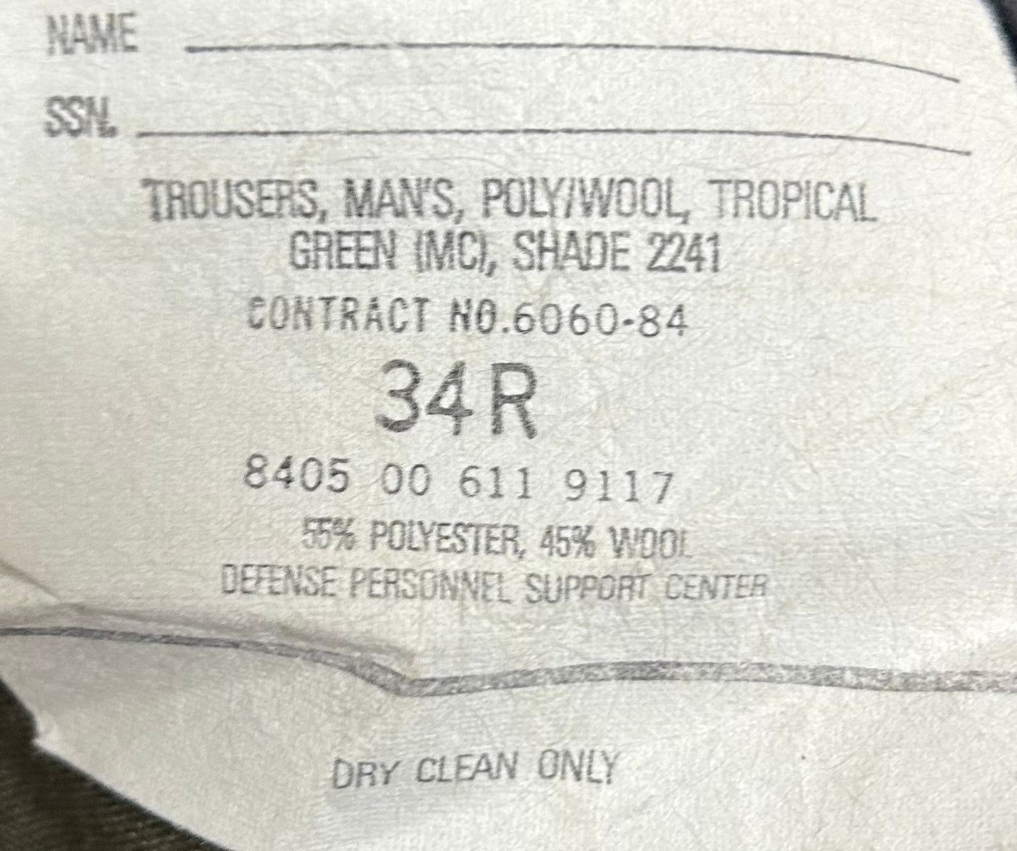 USMC Service Alpha/Charlie Men's, Tropical Trousers 34R (FA15-26Feb27)