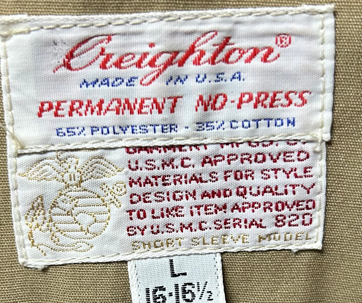USMC Creighton Permanent No-Press Khaki Short Sleeve L 16-16.5 (CA02-26Feb12)