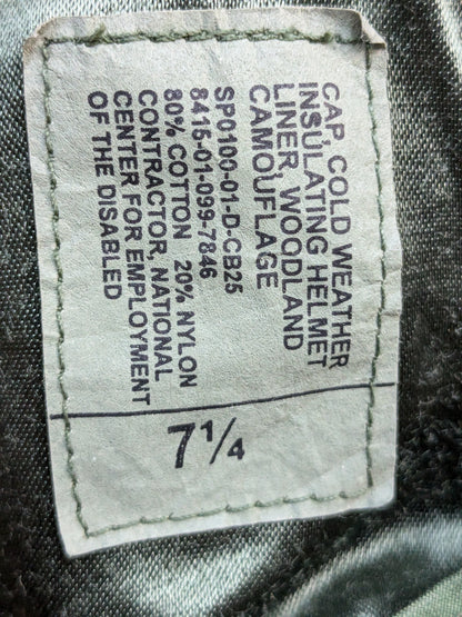 US Army Woodland BDU Pattern Size 7 1/4 HELMET LINER INSULATED PILE CAP Extreme Cold Weather Excellent Condition (fa12-PET80)