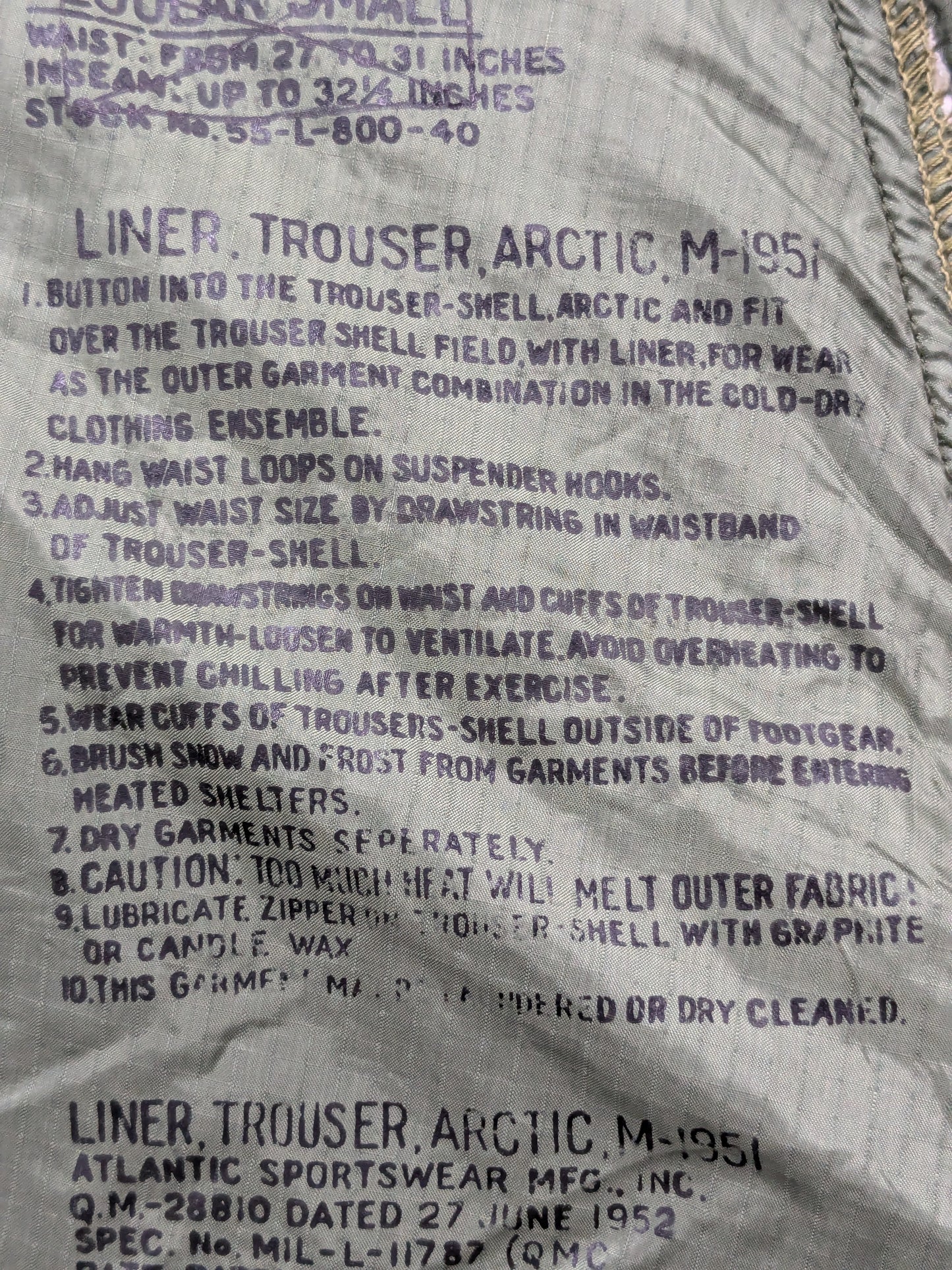 1955 Small Regular M-1951 Arctic Liner Pants Trousers (da02-25jan20)