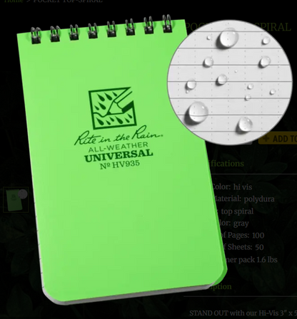 935HV 3x5 Hi-Vis Green Top Spiral Pocket Rite in the Rain Notebook 3" x 5" (HV935)