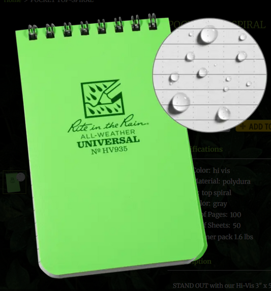 935HV 3x5 Hi-Vis Green Top Spiral Pocket Rite in the Rain Notebook 3" x 5" (HV935)