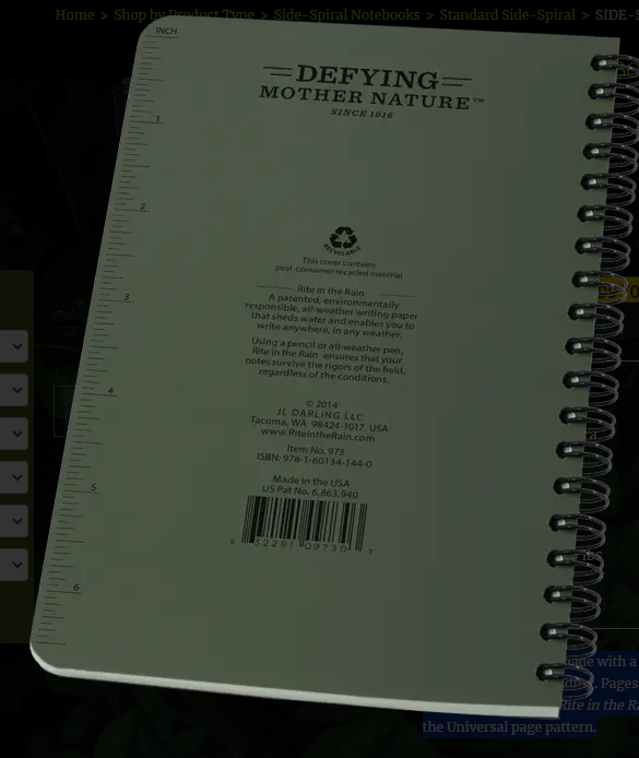 973 4.5x7 OD Side Spiral Pocket Rite in the Rain Notebook 4.5" x 7" (973)