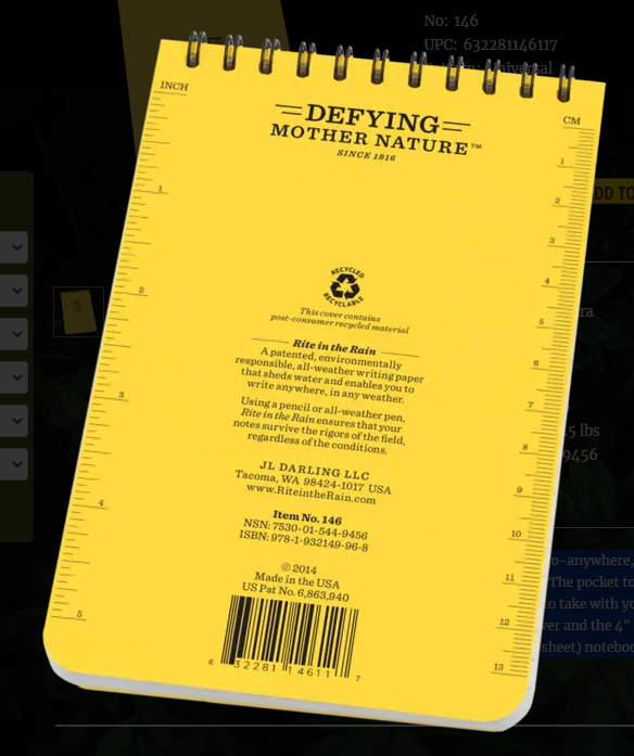 146 4x6 Yellow Top Spiral Pocket Rite in the Rain Notebook 4" x 6" (146)
