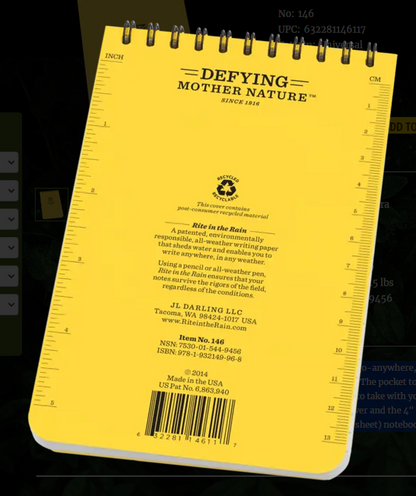 146 4x6 Yellow Top Spiral Pocket Rite in the Rain Notebook 4" x 6" (146)