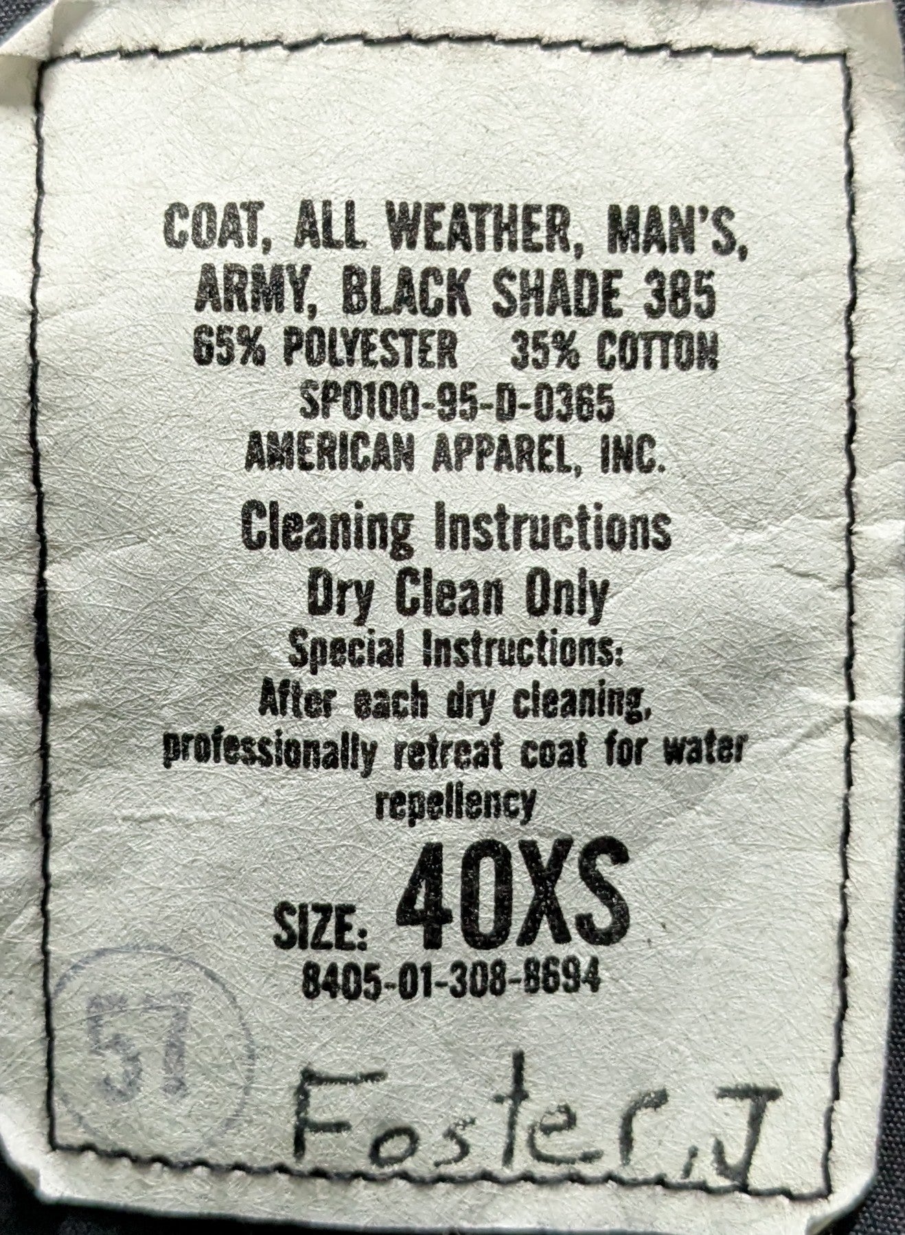 All Weather Coat, Men's, Army Shade Black 385 40 XS (fb07-25Jun88)