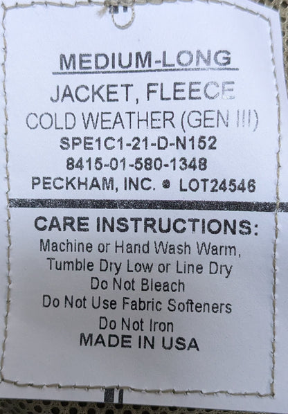 US Army Medium Long Coyote Gen III Level 3 Fleece Jacket (25Dec39)