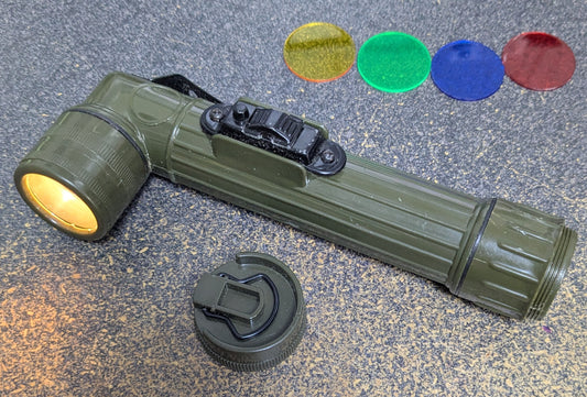 Vintage TL-142 Flashlight OD Green w/Colored Lenses Operational (FA7-26Apr3)