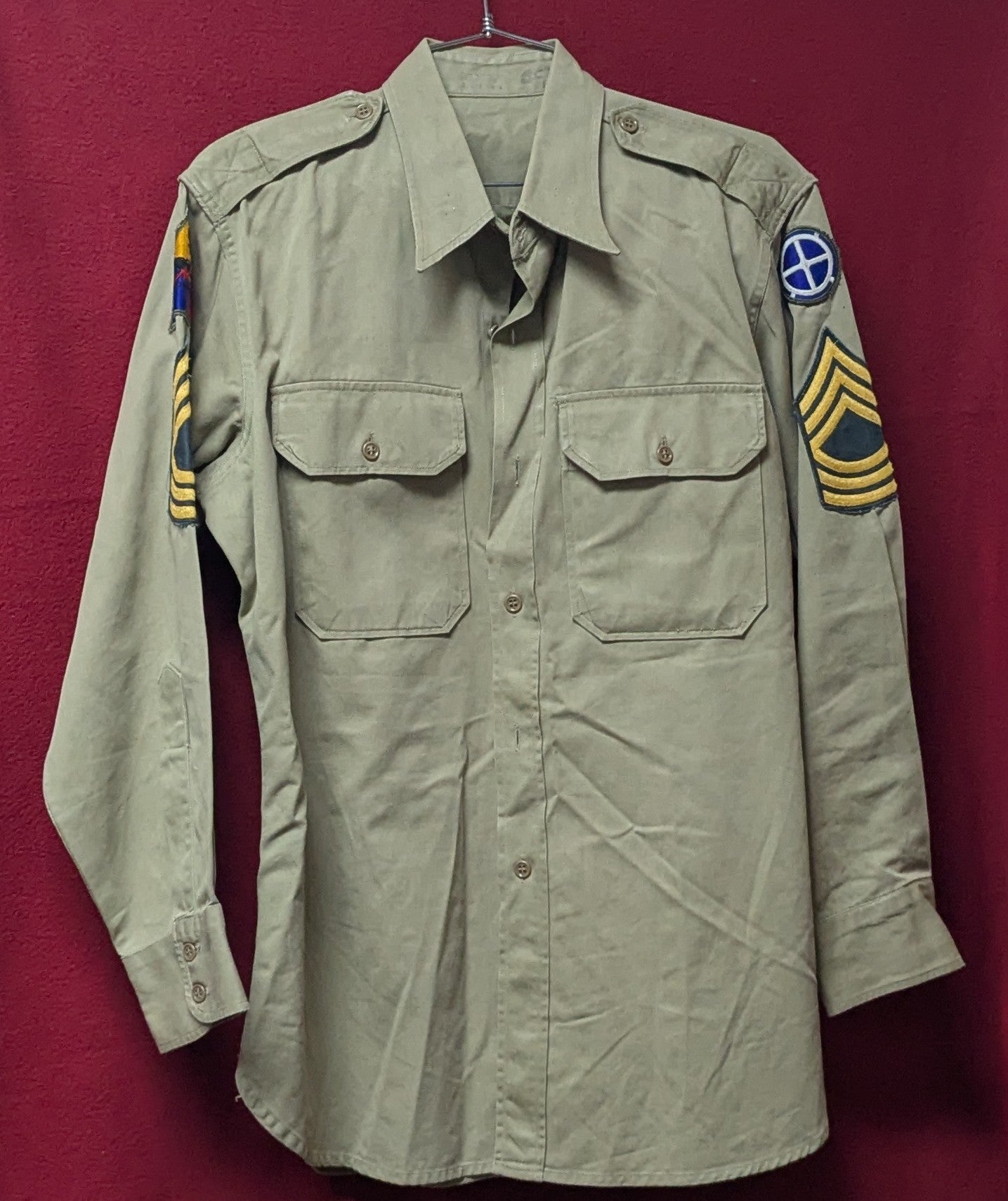 Vintage US Army Korean War Era Khaki Long-sleeved Button Down 16x32  (FB15-26Feb68)