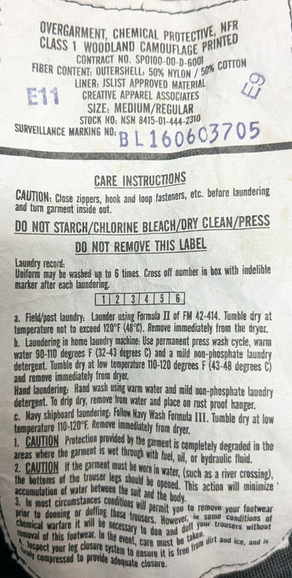 Woodland Overgarment Chemical Protective NFR Class 1 M/R (CB6-25Sep59)