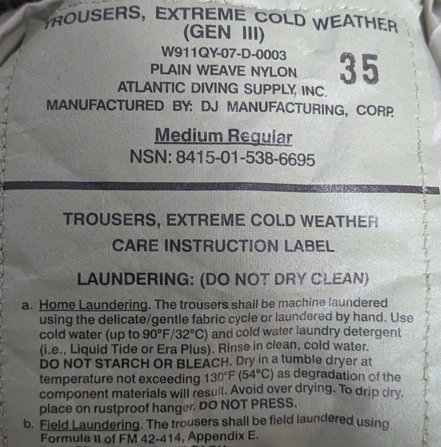 USGI Extreme Cold Weather Trousers Pants GEN III ECWCS Medium Regular (DB15-26Jan48)
