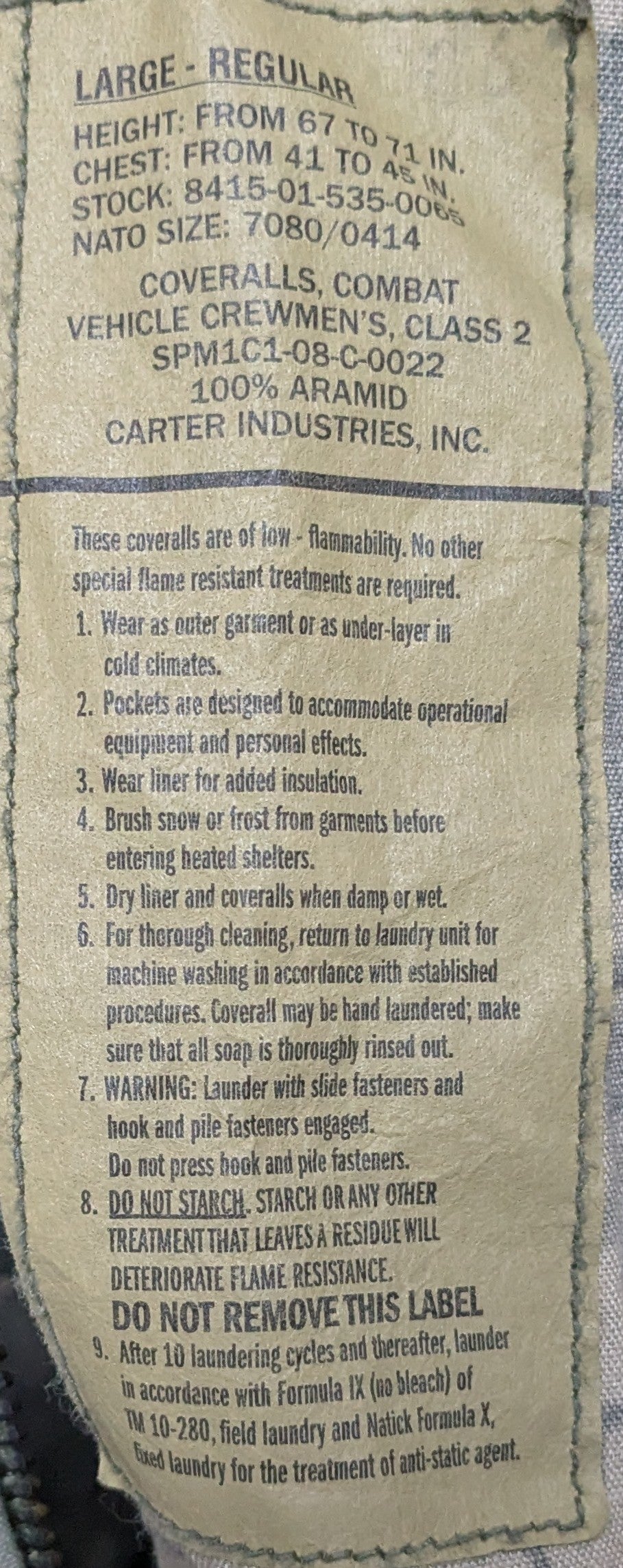 Class 2 Combat Vehicle Coveralls, Crewmans ACU Large Regular (FA15-26Jan71)