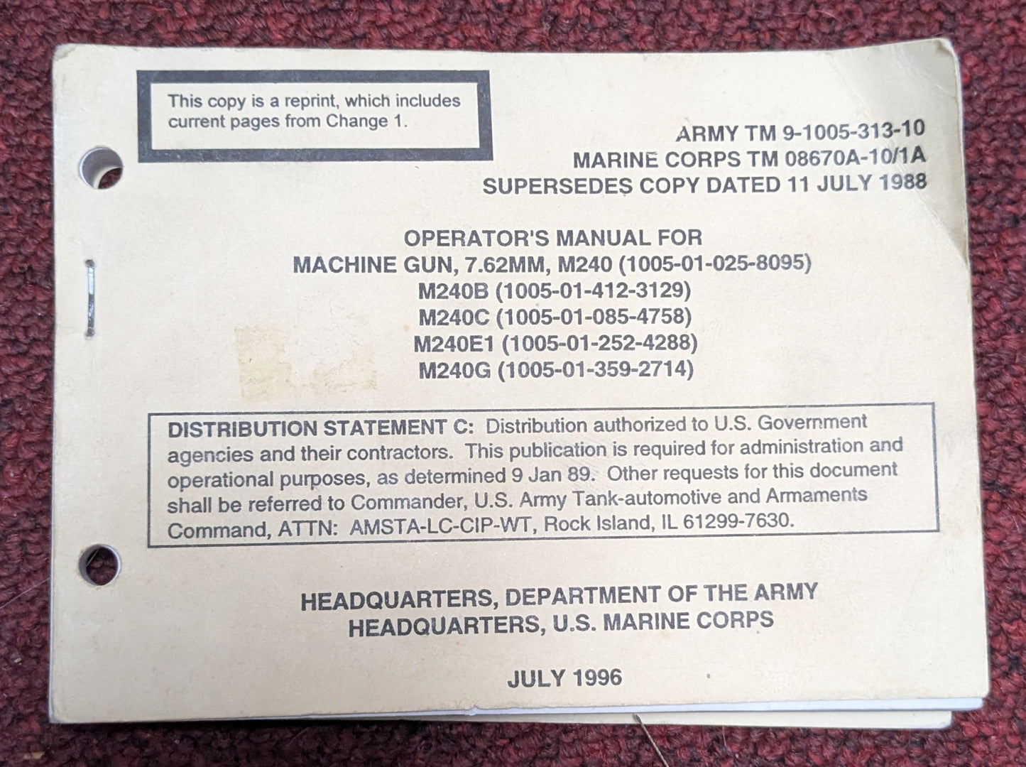 Operators Manual for M240, 7.62MM 1996 (DA10-25Aug05)