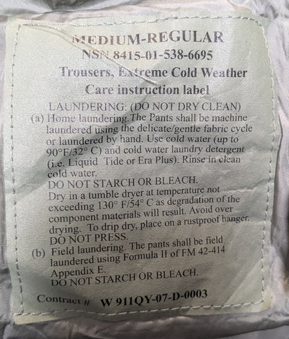 NOS Primaloft ADS Gen III L7 Bottom C Medium Regular- Trousers Extreme Cold Weather Military (AA04-25APR62)