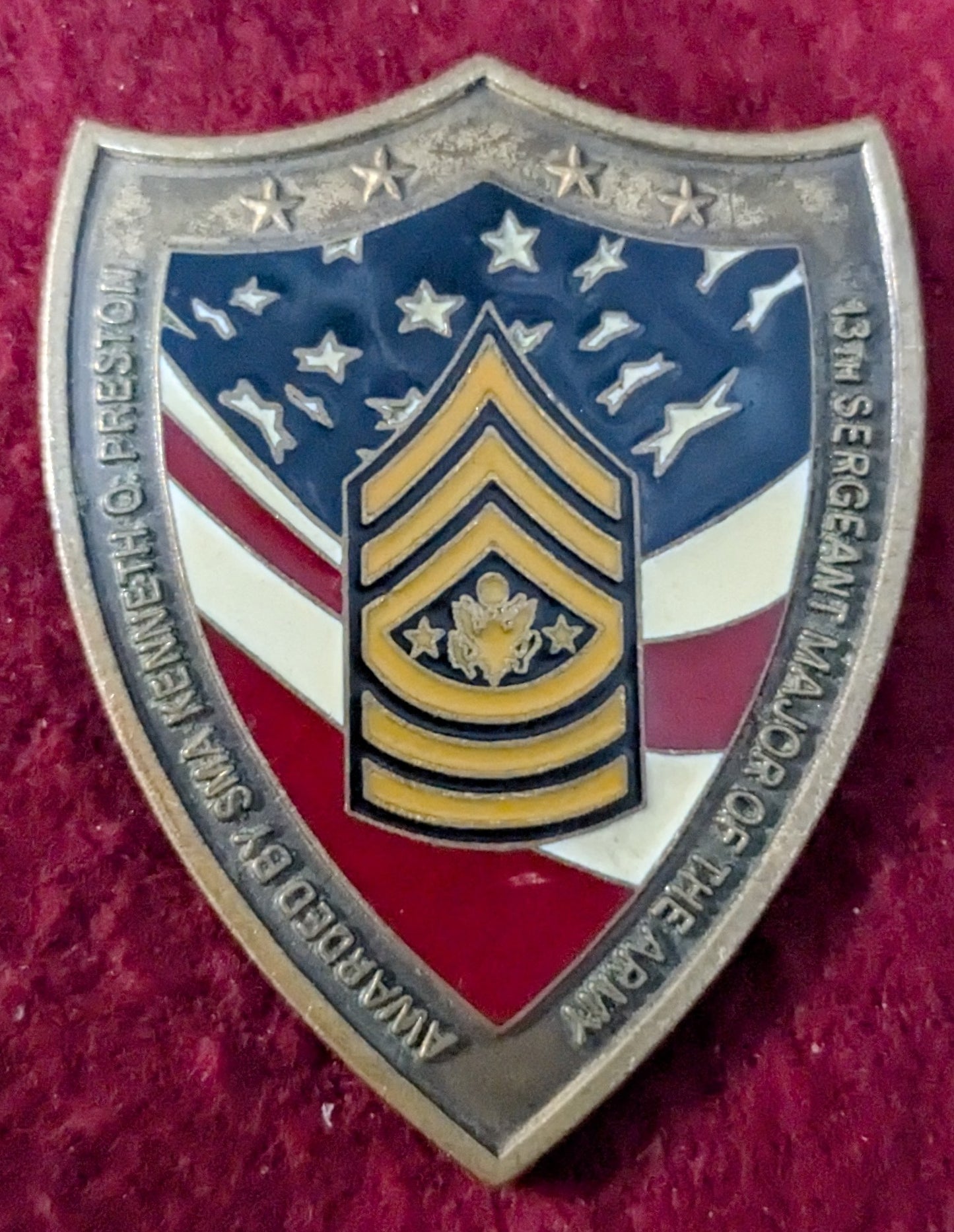 Challenge Coin Awarded by SMA Kenneth O Preston 13th Sergeant Major of the Army (chcc-25May72)