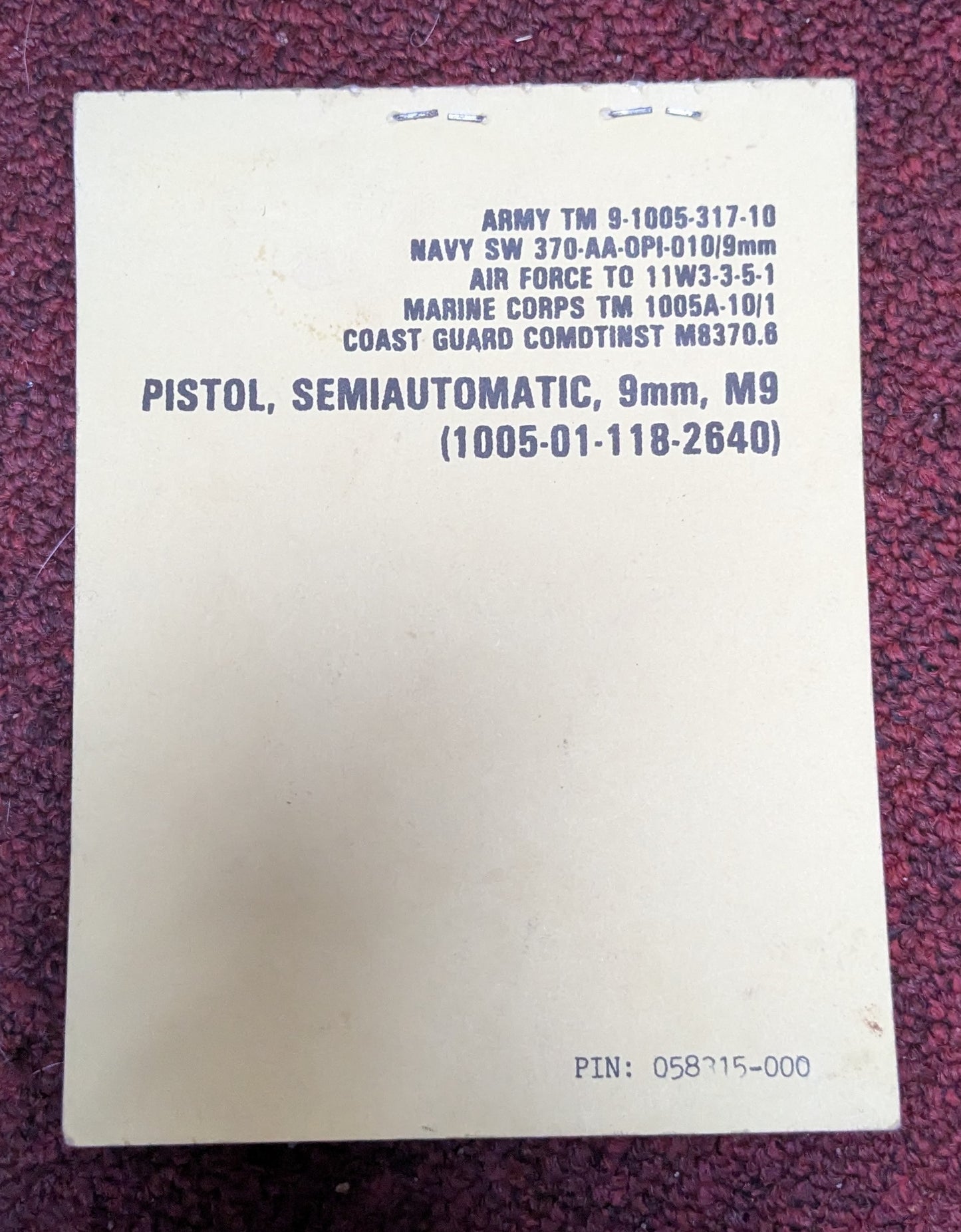 Operators Manual Pistol, Semiautomatic, 9MM, M9 (DA10-25Aug06)