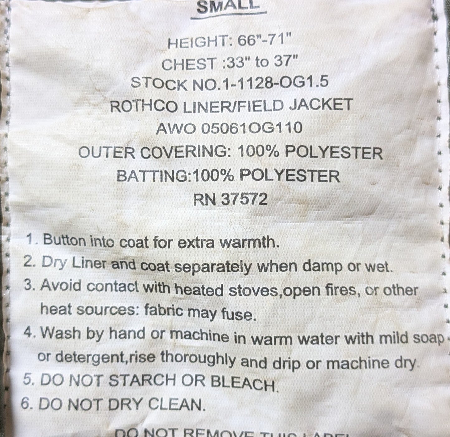 Rothco Woobie Field Jacket Liner OD Green Small (DB2-26Apr46)