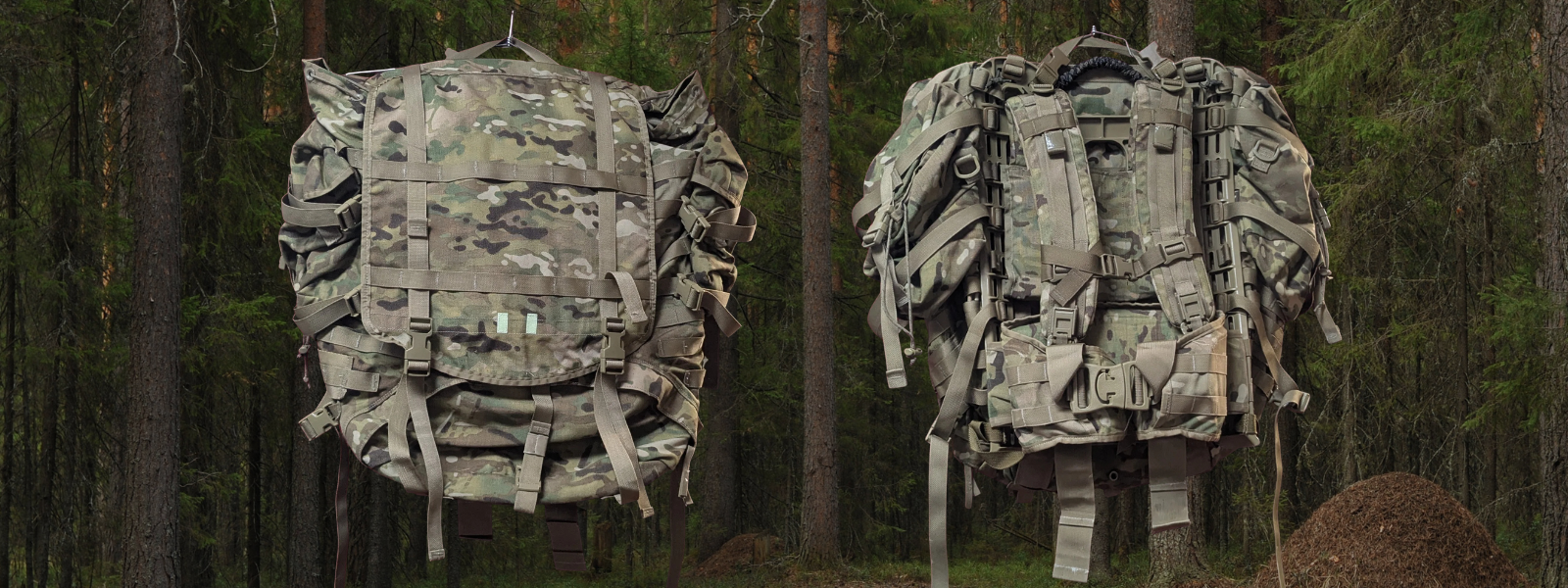 Two Army MOLLE Rucksacks on forest background