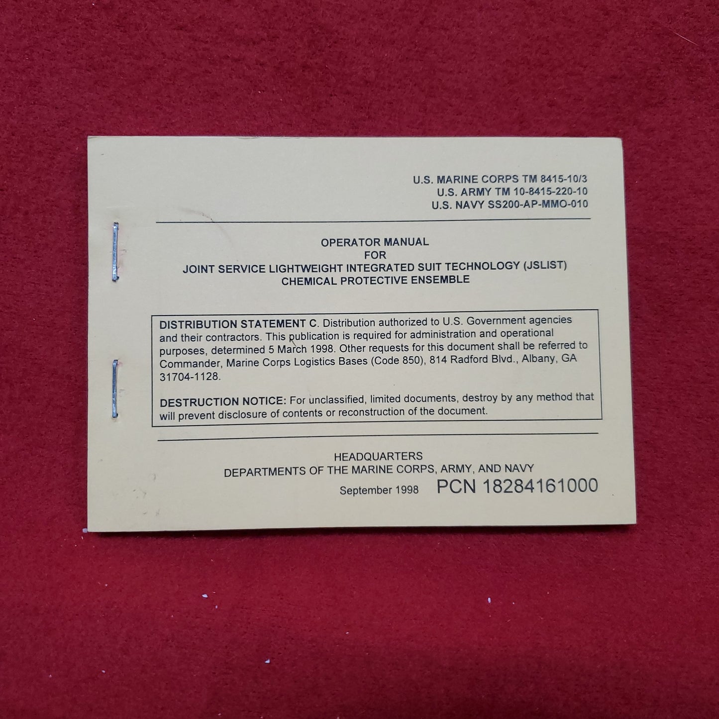 Vintage September 1998 "JSLIST Operator's Manual" TM 10-8415-220-10 (Sept)
